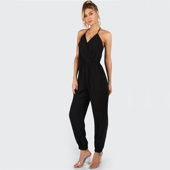 Halter Surplice Backless Tapered Jumpsuit Pockets - Picture 3 of 6